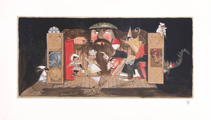 Paolo Fresu - Serigrafie - Il gran teatro di mangiafuoco - Serigrafia a tiratura limitata con collage di stoffa - cm 130x75 - Galleria Casa d'Arte - Bra (CN)